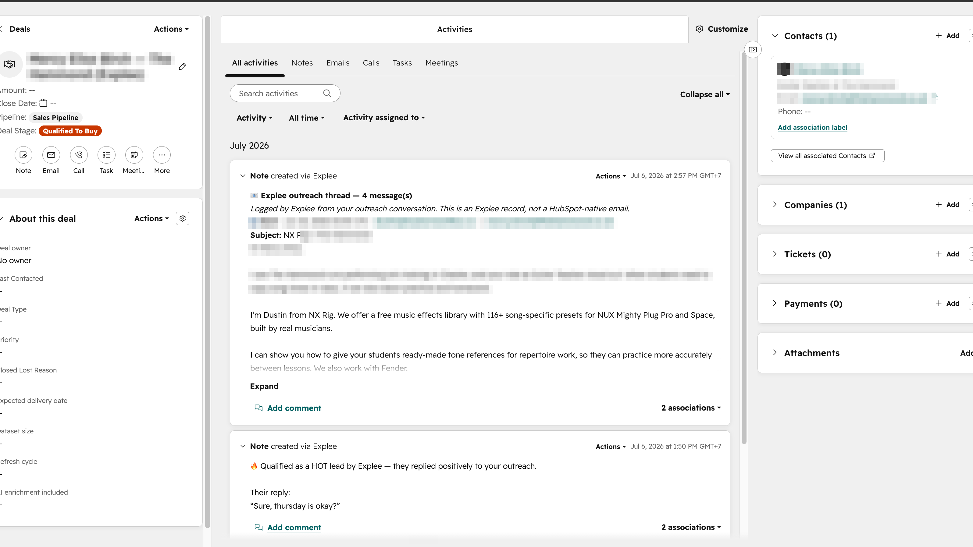 A HubSpot deal created by Explee with a why-this-lead-is-hot note and the outreach conversation on the timeline